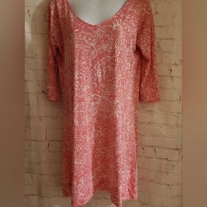 LILLY PULITZER Pink Round Neck Floral Shift Dress 100% Cotton 3/4 Sleeves sz XS